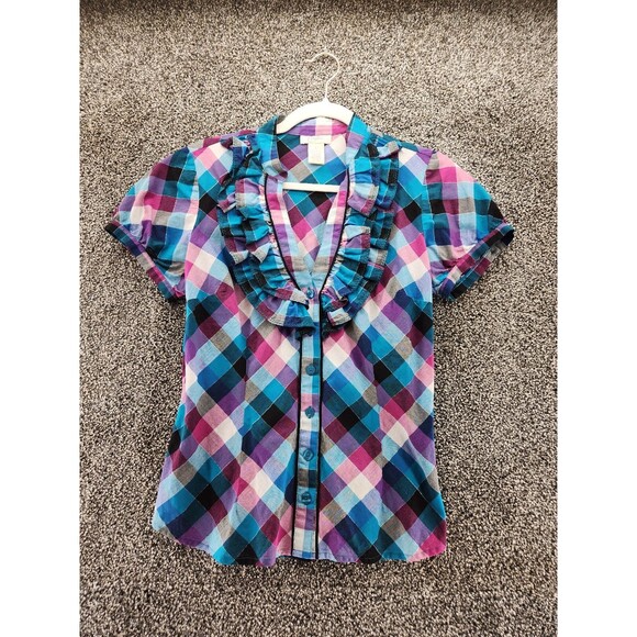 Candies Girls Large Plaid Short Sleeve Button Down Blouse 15.6408 - Picture 1 of 5